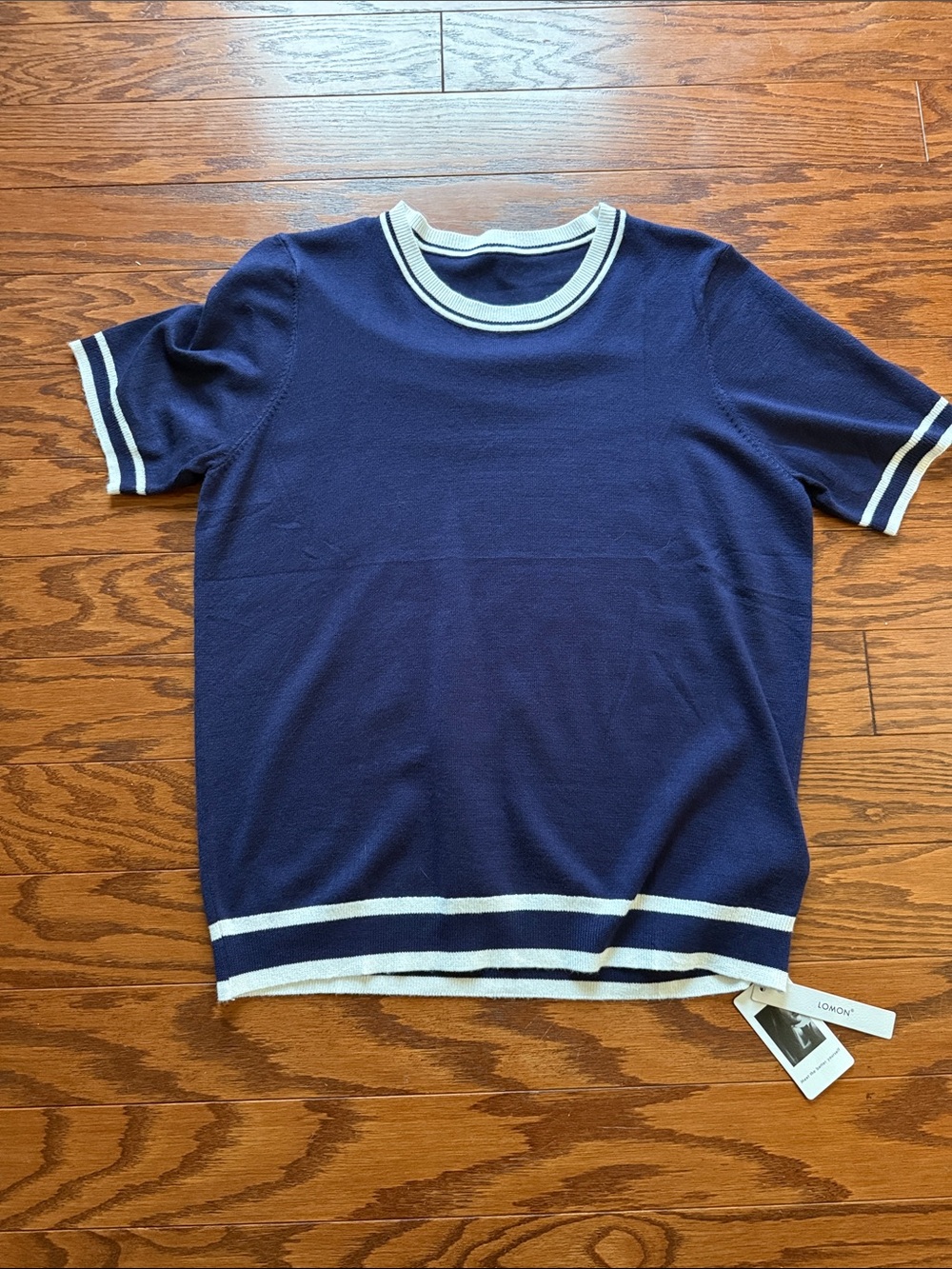 Navy Short-Sleeve Knit Top with Cream Trim